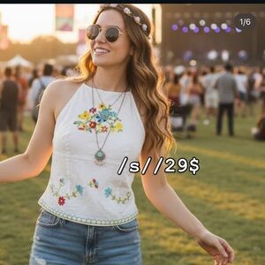 White Floral Embroidered Tie Up Halter Festival Top Size Small/ Coachella/ Boho